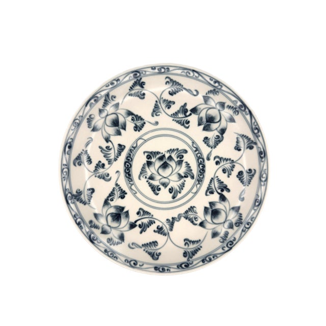 Vintage Bat Trang Vietnamese Ceramic Dinner Plates Blue With Blue and Cream Lotus Floral Motifs - Set of 6 For Sale - Image 11 of 12