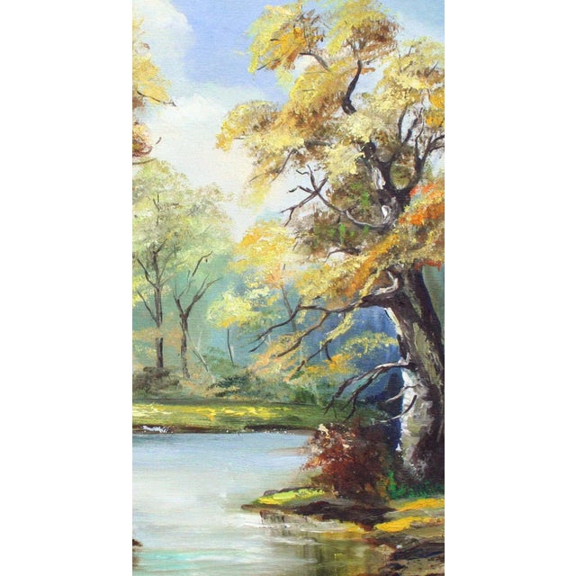 1970s Yellow Oak Trees Autumn River Landscape Painting For Sale - Image 4 of 6