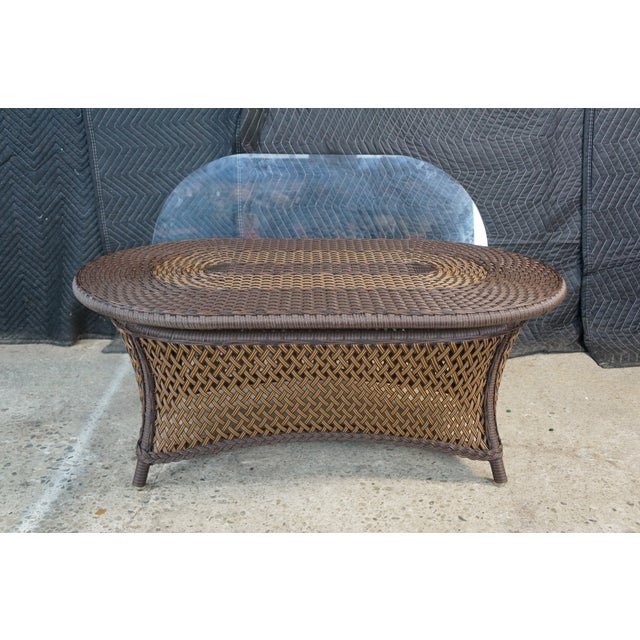 Lloyd Flanders Oval Wicker Coffee Table Two Tone Patio Table With Glass Top Boho For Sale - Image 18 of 18
