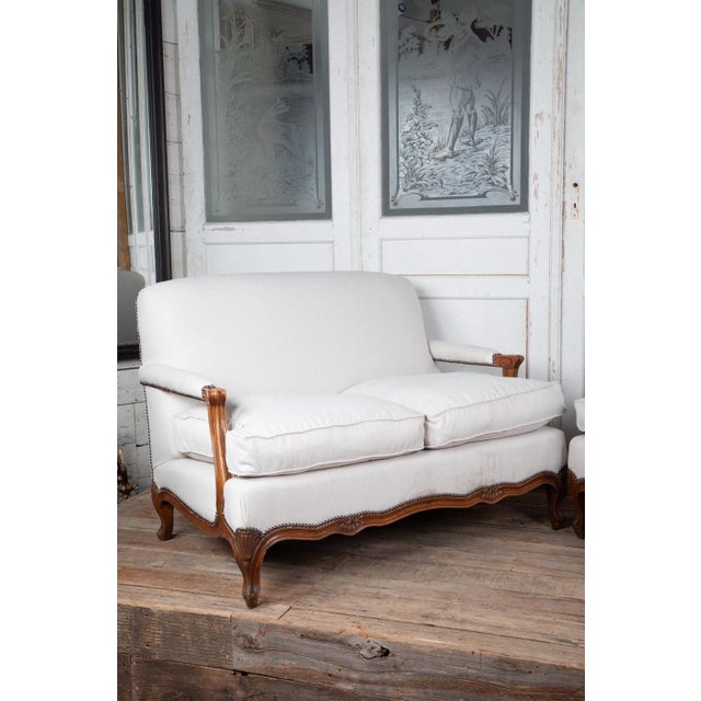 Art Deco Pair of Early 20th Century Italian Art Deco Walnut Framed Upholstered Sofa Loveseats For Sale - Image 3 of 12