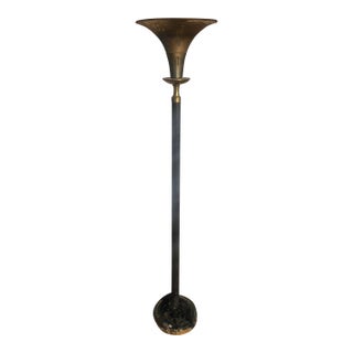 1930s Art Deco Torchiere Brass Trumpet Shade Floor Lamp For Sale