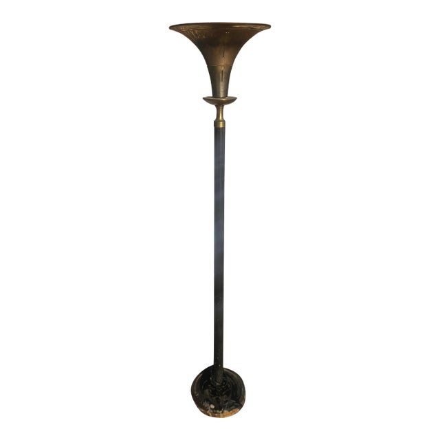 1930s Art Deco Torchiere Brass Trumpet Shade Floor Lamp For Sale