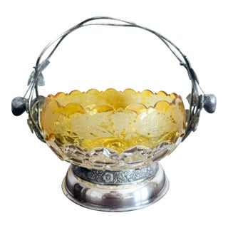 Antique Victorian Hobbs Amber Glass Bride's Basket in Silverplate Stand For Sale