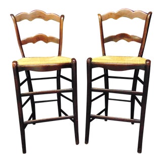 Country French Cherry Rush Seat Bar Stools - a Pair For Sale