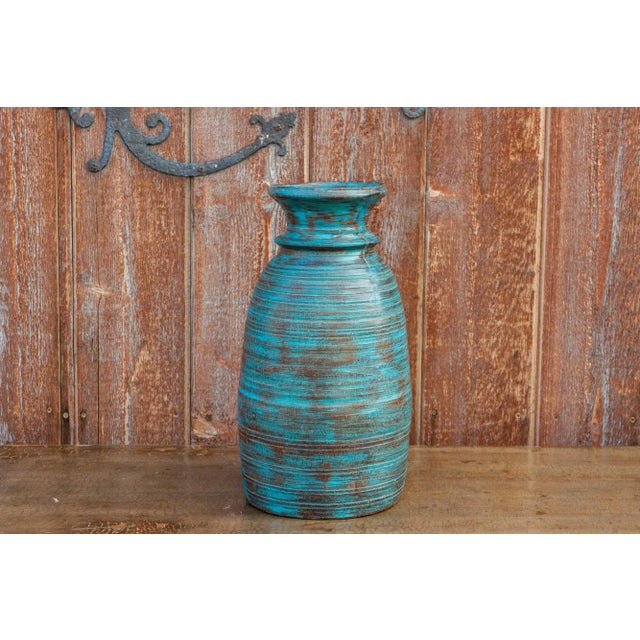 Wood Tall Antique Indian Farmhouse Blue Vase For Sale - Image 7 of 7