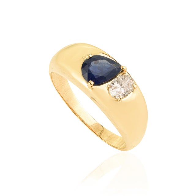 14k Yellow Gold Cigar Band Ring With Blue Sapphire & Diamond Size 5.5 For Sale - Image 4 of 16