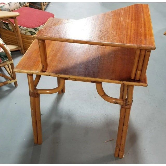Mid-Century Modern Restored Rattan 2-Tiered Corner Table or Desk For Sale - Image 3 of 7