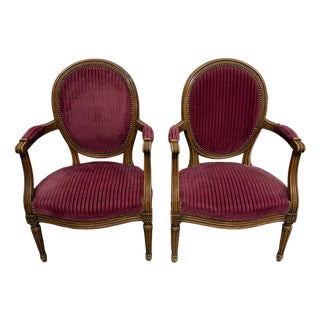 1920s French Louis XVI Vintage Solid Walnut Carved Armchair or Bergere - A Pair For Sale