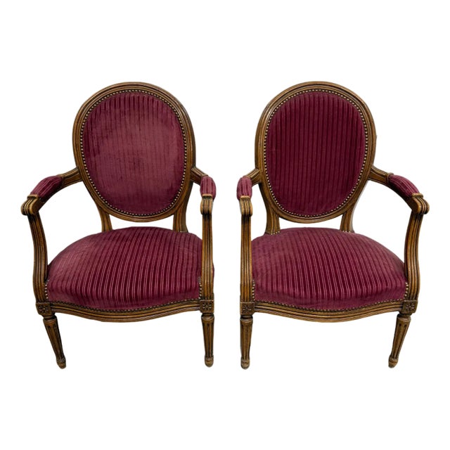 1920s French Louis XVI Vintage Solid Walnut Carved Armchair or Bergere - A Pair For Sale