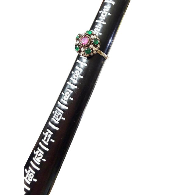 Tribal Vintage Natural Ruby, Emerald & Diamond Ring - 925 Sterling Silver Size 7 Jaipur For Sale - Image 3 of 10