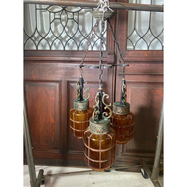 Mid Century Spanish Gothic 3 Pendant Amber Swag Chandelier For Sale - Image 9 of 13