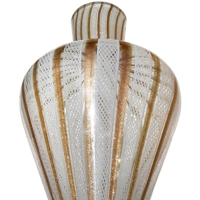Mid 20th Century Vintage Fratelli Toso Murano White Aventurine Ribbons Italian Art Glass Corset Hourglass Vase For Sale - Image 5 of 7