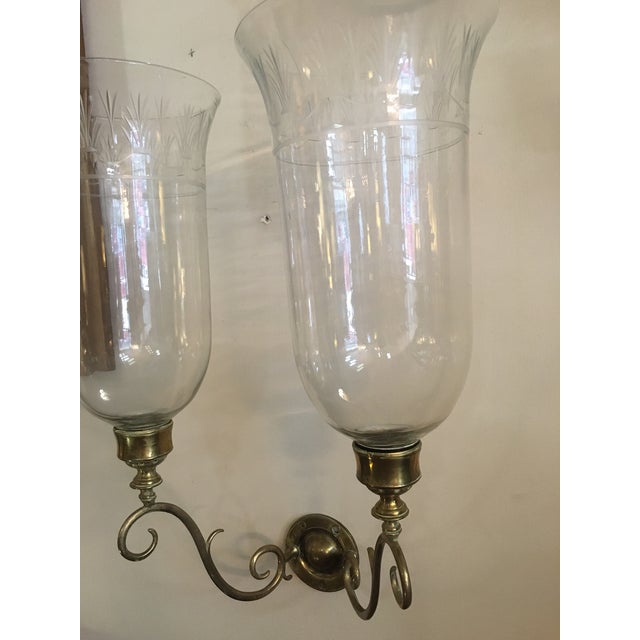 Metal 1920s George III Style Pair of Crafted Brass Wall Sconces With Glass Hurricanes - a Pair For Sale - Image 7 of 10