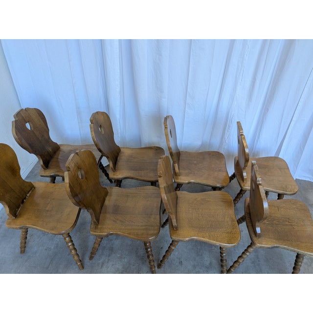 1970s Vintage Tyrolean Farmhouse Heart Cutout Wooden Dining Chairs, 1970s, Set of 8 For Sale - Image 5 of 18