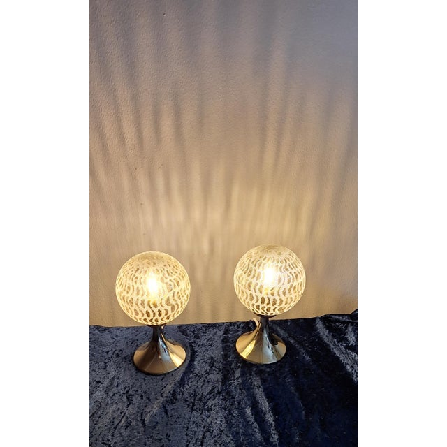 Vintage Bedside Lamps with Gold-Colored Plastic Base and Round Tinted, Patterned Glass Shade, 1970s, Set of 2 For Sale - Image 3 of 7