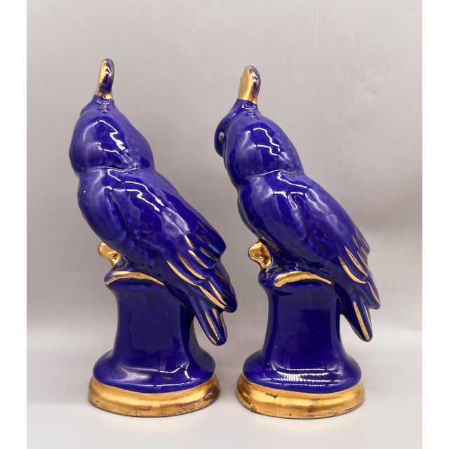 Mid-Century Modern 20th C. Royal Blue & 22k Gold Cockatoo Parrot Figurines – Tropical Revival / Luxe Decor For Sale - Image 3 of 10