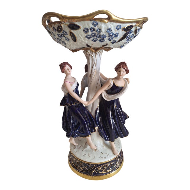 Vintage Neoclassical Porcelain Figural Compote – Cobalt & Gilt For Sale