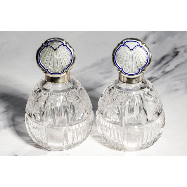 Exceptional Pair Antique English Cut Crystal Perfume Bottles Sterling Silver & Blue Enamel Tops Edwardian Vanity Set Home Decor For Sale - Image 9 of 18