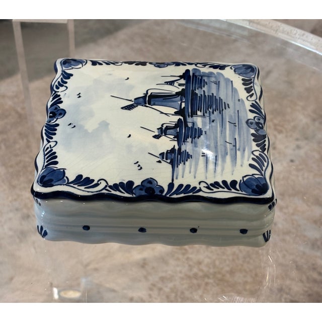 Ceramic Vintage Delft Blue Holland Hand-Painted Windmill Lidded Trinket Box For Sale - Image 7 of 12