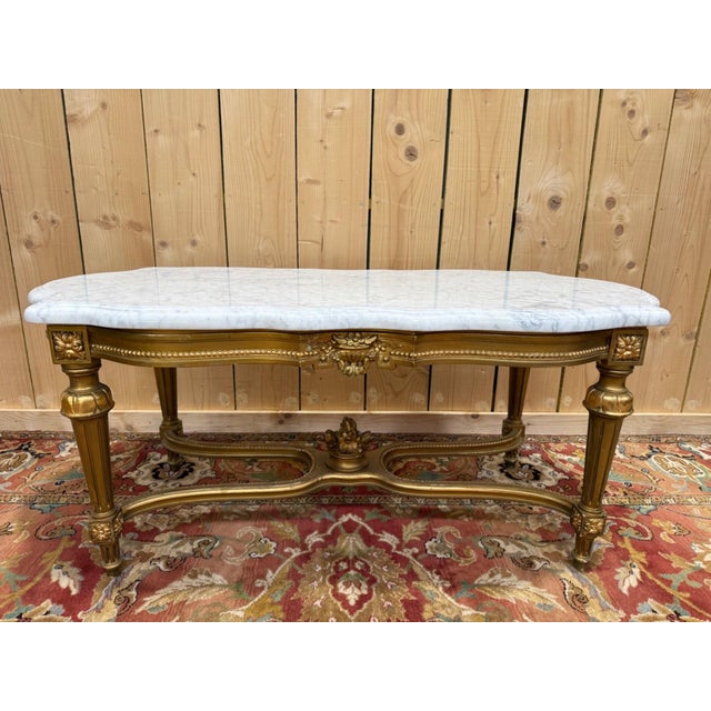 Wood Louis XVI Style Coffee Table Gilded Wood and Carrara Marble, 1890s For Sale - Image 7 of 7