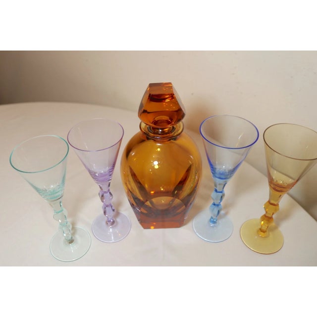 Art Deco Vintage Cut Crystal Signed Moser Czechoslovakian 5 Pc Colored Glass Decanter Set For Sale - Image 3 of 12