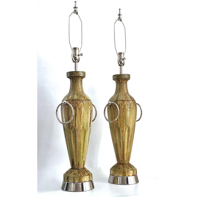 Ralph Lauren Large Lamps Sage Green & Bronze Painted Plaster New Nickel Silver Hardware - Pair For Sale - Image 4 of 14