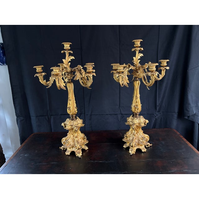 Exceptional Pair of 5 Armed Six Light Ormolu Bronze Candleabra . Rococo formed floral and bell shaped arms, dolphin and...
