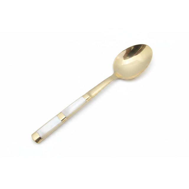 Mother of Pearl & Brass Thailand Flatware Small Spoon Fork & Knife Set of 15 For Sale - Image 9 of 9