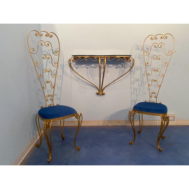 Mid-Century Italian Blue Glass Gold Iron Console Table by Pier Luigi Colli, 1950, in Very Good conditions. Designed 1950...