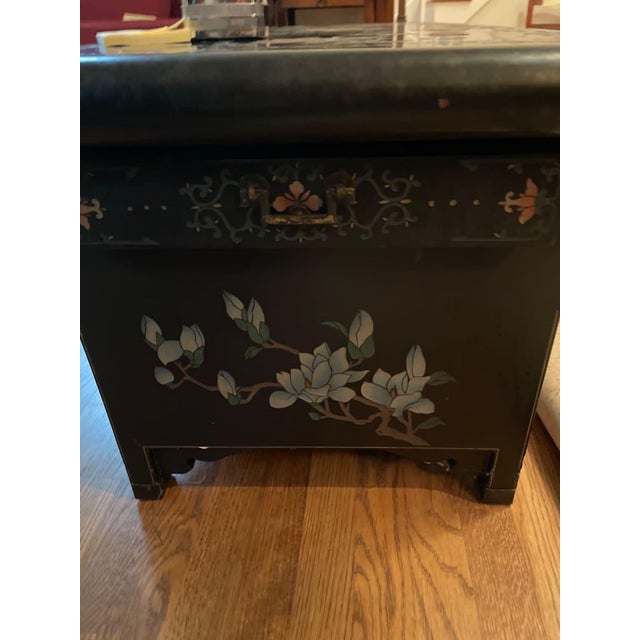 Wood Vintage Korean Black Lacquer Chinoiserie Coffee Table With Mother of Pearl Inlay For Sale - Image 7 of 10