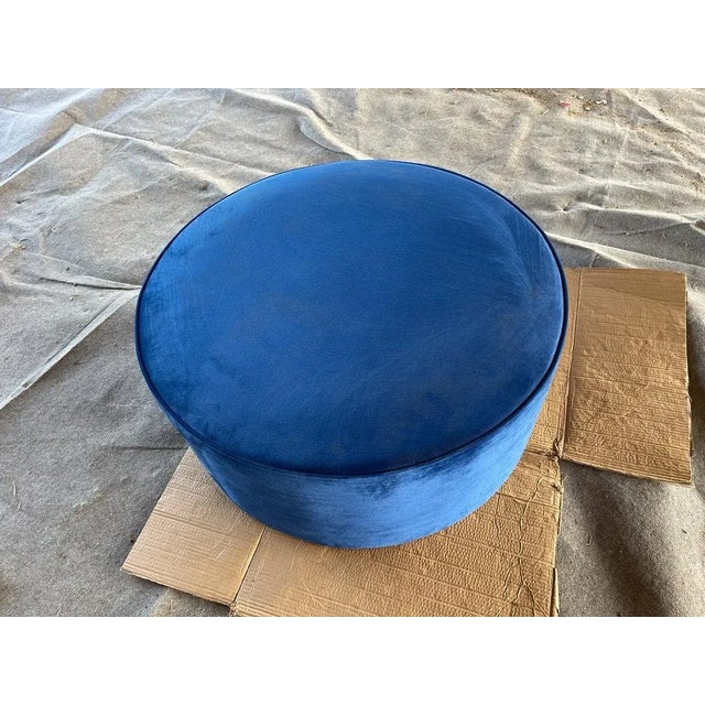 Early 21st Century Large Round Blue Velvet Ottoman – Upholstered Accent Seating For Sale - Image 5 of 6