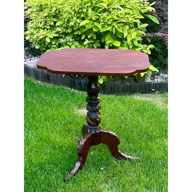 Flame Mahogany Tilt-Top With Carved Acanthus Leaves on Pedestal, Tilt-Top, Victorian Table, C1860’s For Sale - Image 4 of 7