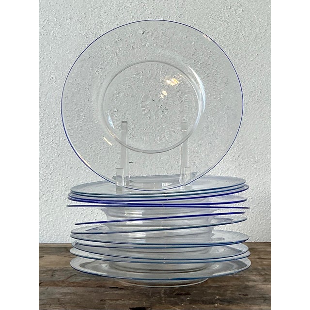Transparent Vintage Italian Carloe Scarpa for Murano Blue Tipped Glass Plates - Set of 12 For Sale - Image 8 of 12