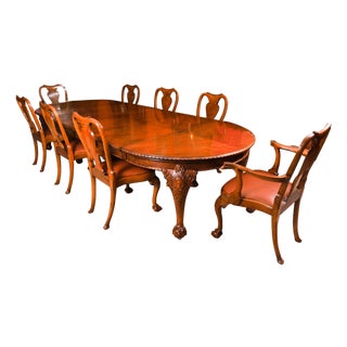 Antique Queen Anne Revival Burr Walnut Dining Table and Chairs, 19th Century, Set of 9 For Sale