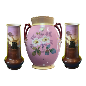 Antique Porcelain Floral and Windmill Vases Set of 3