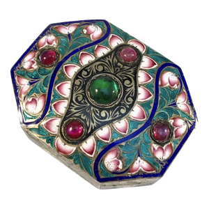19th C. Indian Enamel Sterling Silver Box India Mughal Gilt Gems Enamel Antique Pill Snuff