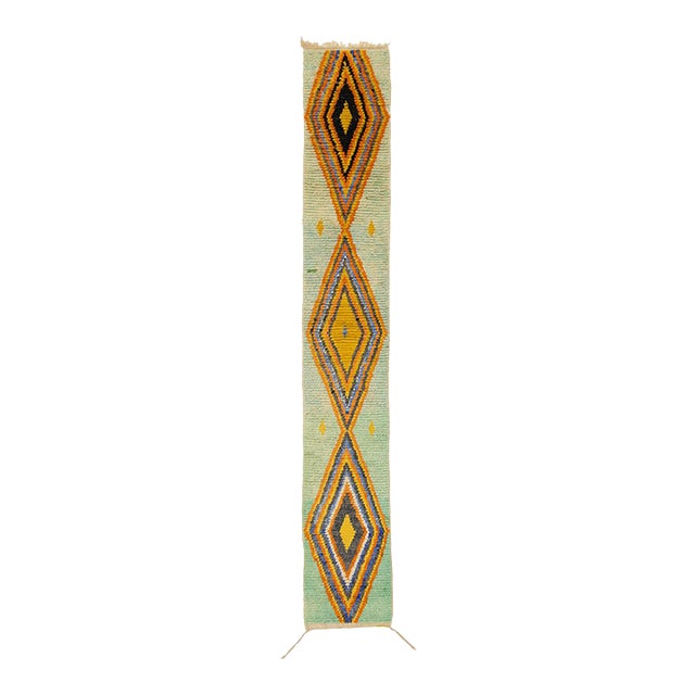 Colorful Diamond Hand-Knotted Moroccan Wool Runner | 15'9" X 2'3" | One of a Kind For Sale