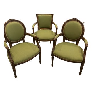 Mid 20th Century Three Carved Frame Upholstered Dining Arm Chairs For Sale