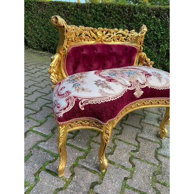 Late20C French Artisan Louis XVI Style Gold Red Beech Settee For Sale - Image 10 of 14