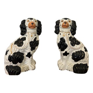 Antique Black and White Staffordshire Spaniel Dogs, 1880, Set of 2 For Sale