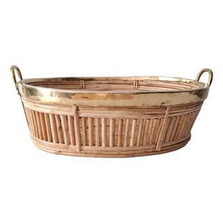 Oval Serving Basket in Rattan and Brass, 1970s For Sale