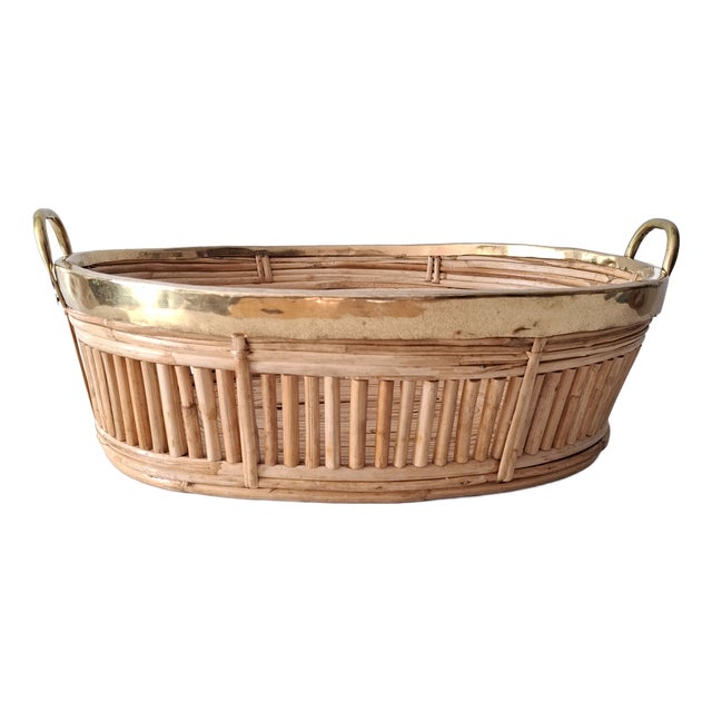 Oval Serving Basket in Rattan and Brass, 1970s For Sale