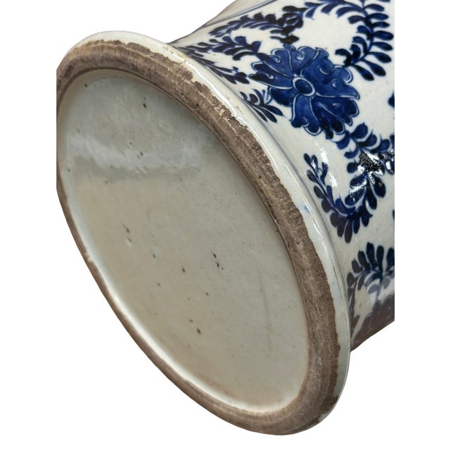 Blue 20" Chinese Blue White Flower Vases Scroll Pattern Porcelain Temple General Jar For Sale - Image 8 of 9