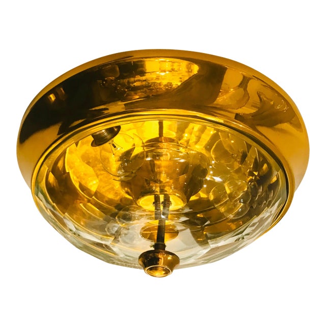 1970s Italian Golden Oscar Torlasco Lumi Crystal Flush Ceiling Light For Sale