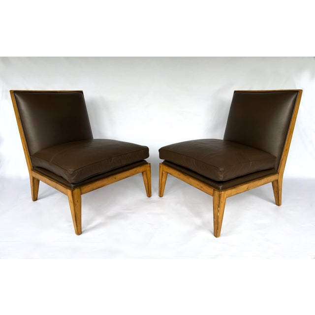 Modern Pair of Late 20th Century Swaim Modern Brown Leather Armless Oak Slipper Chairs For Sale - Image 3 of 6