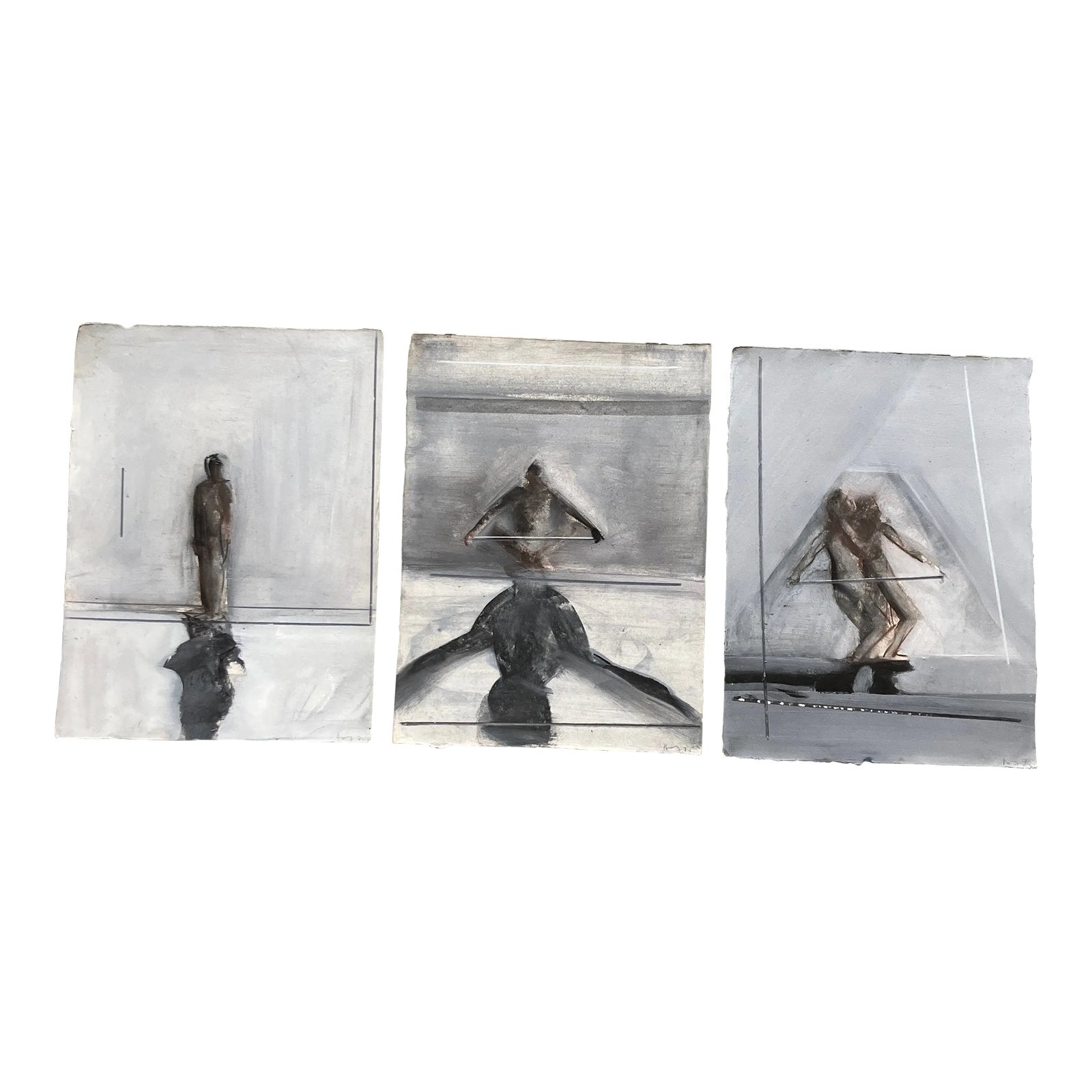 1970s Three Original Abstract Expressionist Pastel Drawings People in ...