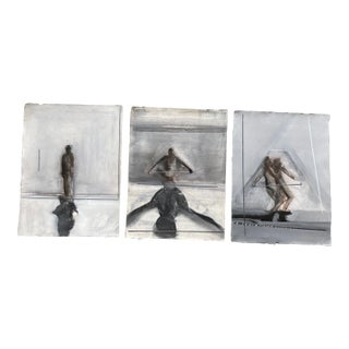 1970s Three Original Abstract Expressionist Pastel Drawings People in Motion- Set of Three For Sale