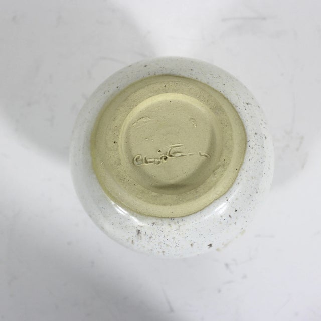Ceramic Vintage Signed Studio Pottery Vase Small White Blue Organic Form Handle Speckled For Sale - Image 7 of 7