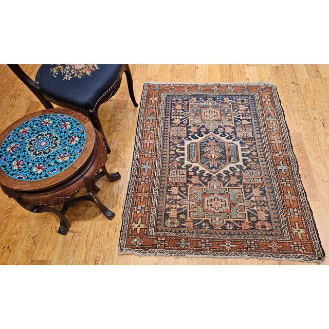 Persian 19th Century Persian Heriz Karajeh Rug, Hand-Knotted Wool, Geometric Pattern, Blue & Green, 4x5 For Sale - Image 3 of 16