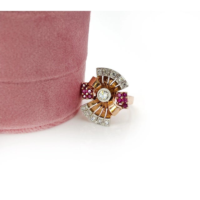 Metal 1940s Retro 14k Rose Gold Diamond and Ruby Ring, Size 8.25 For Sale - Image 7 of 8